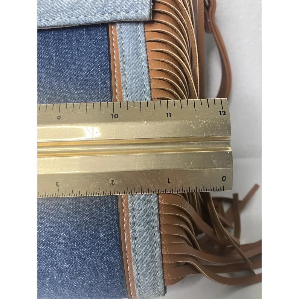 Brand New CATO Women's Denim Pocket Fringe Saddle Purse Bag